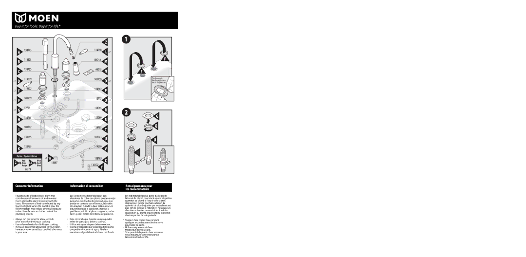 Moen INS802C warranty 138765, Utilice sólo agua fría para beber o cocinar 