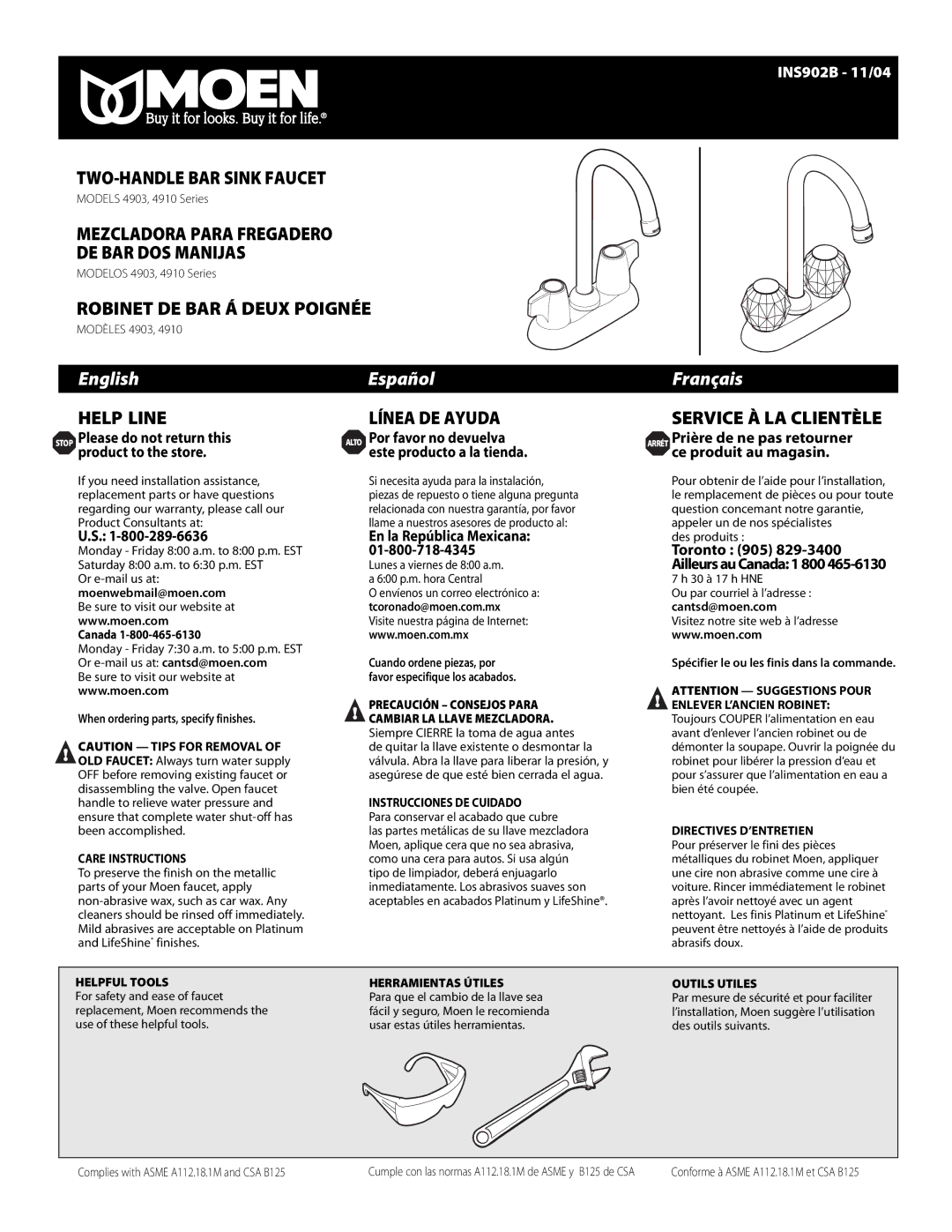 Moen INS902B warranty Models 4903, 4910 Series, Modelos 4903, 4910 Series, Modèles 4903 
