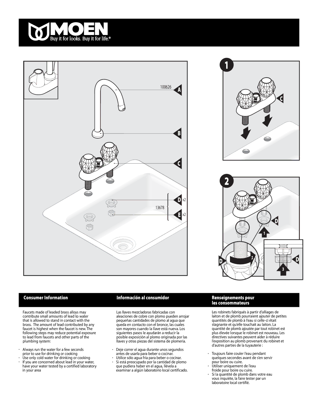 Moen INS902B warranty Consumer Information, Utilice sólo agua fría para beber o cocinar 