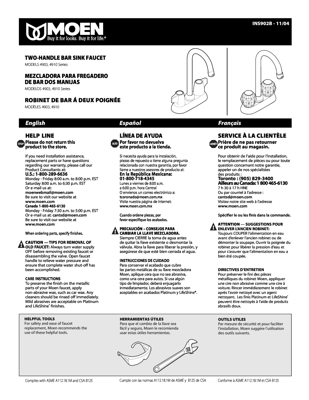 Moen warranty INS902B - 11/04, Two-Handle Bar Sink Faucet, Mezcladora Para Fregadero De Bar Dos Manijas, English 