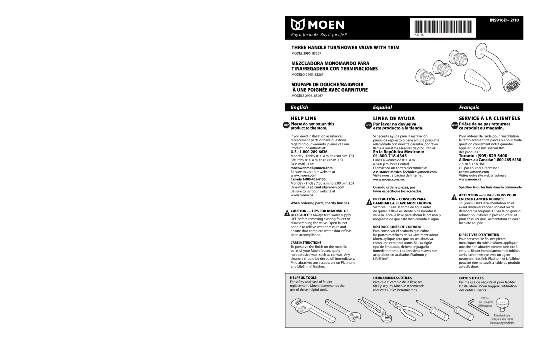 Moen INS916D warranty When ordering parts, specify finishes, Assistance.Mexico-Technical@moen.com, Cantsd@moen.com 