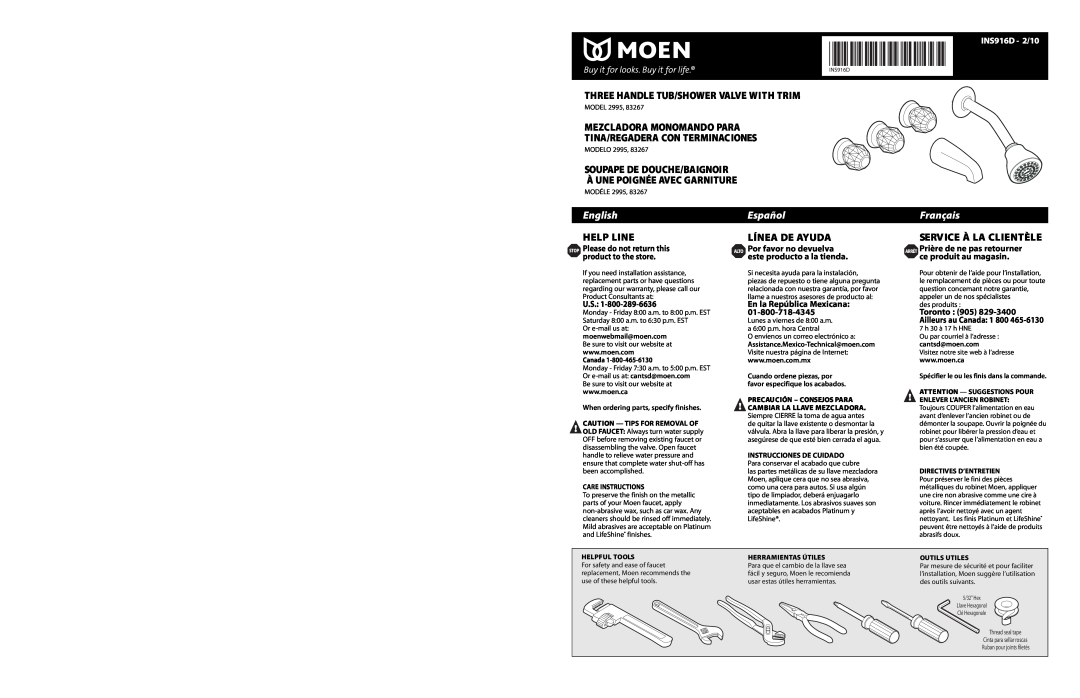 Moen warranty INS916D - 2/10, When ordering parts, specify finishes, Assistance.Mexico-Technical@moen.com, English 