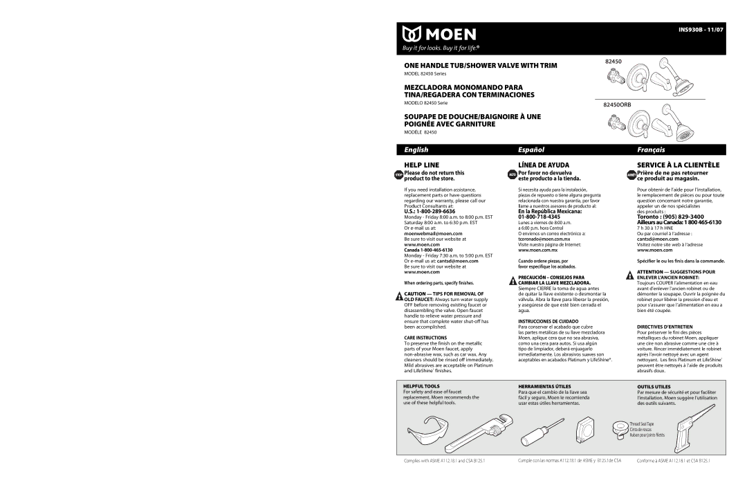 Moen 82450 Series warranty Stop Please do not return this product to the store, Moenwebmail@moen.com, Cantsd@moen.com 