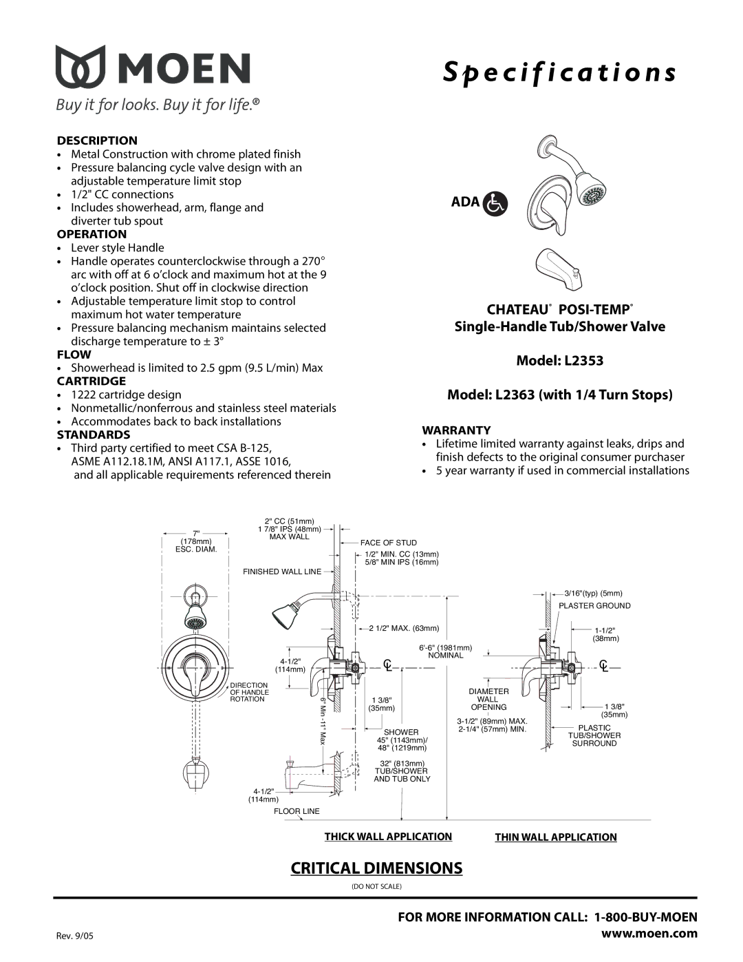 Moen L2353, L2363 specifications Description, Operation, Flow, Cartridge, Standards, Warranty 