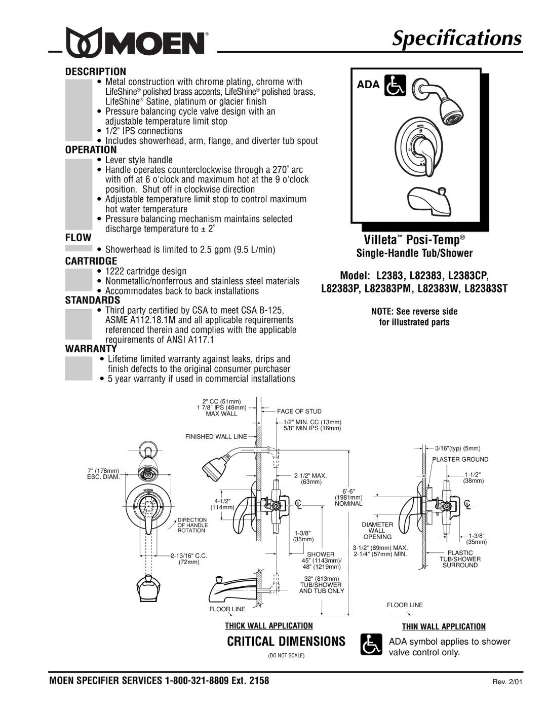 Moen L2383, L82383W, L82383PM, L82383ST specifications Description, Operation, Flow, Cartridge, Standards, Warranty 