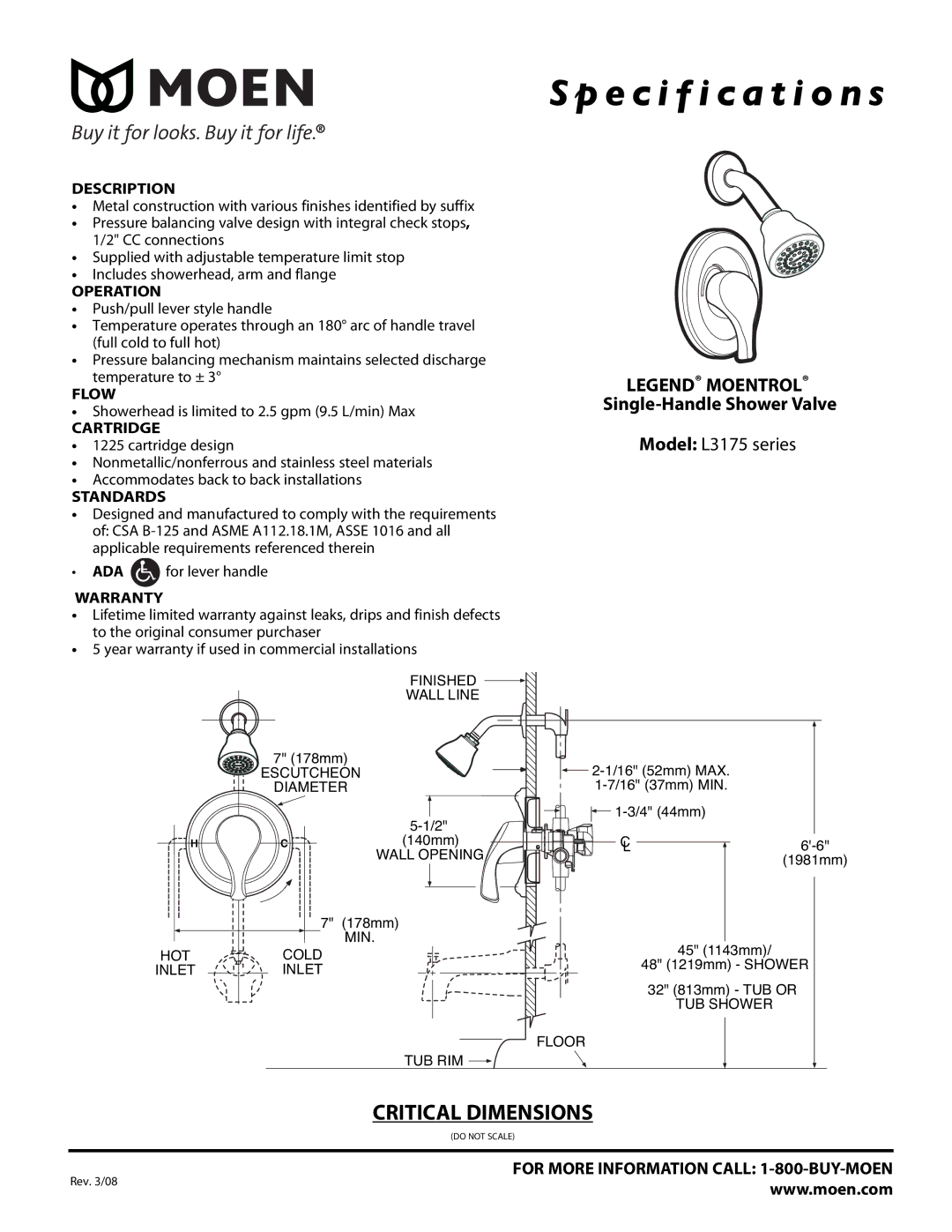 Moen specifications Specification s, Single-Handle Shower Valve, Model L3175 series 