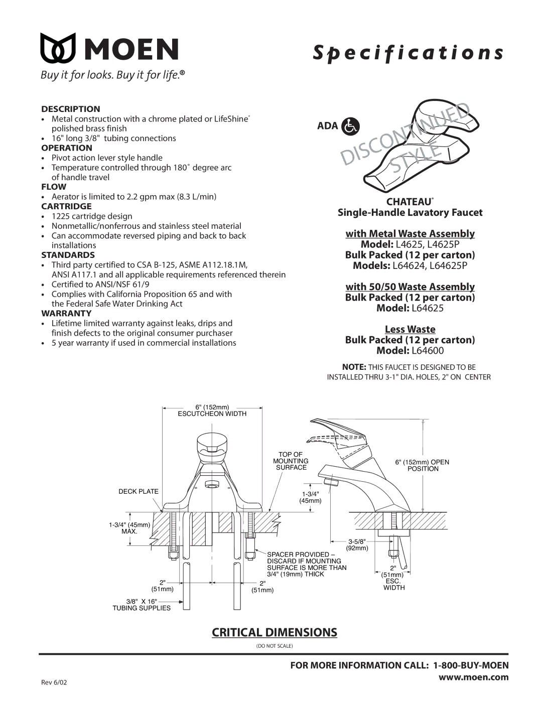 Moen L64624, L4625, L64600, L64625P specifications DIS Style, Single-Handle Lavatory Faucet With Metal Waste Assembly 