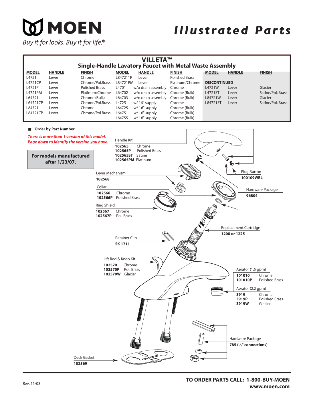 Moen L4721 manual Illustrated Par ts, Villeta, Single-Handle Lavatory Faucet with Metal Waste Assembly, After 1/23/07 