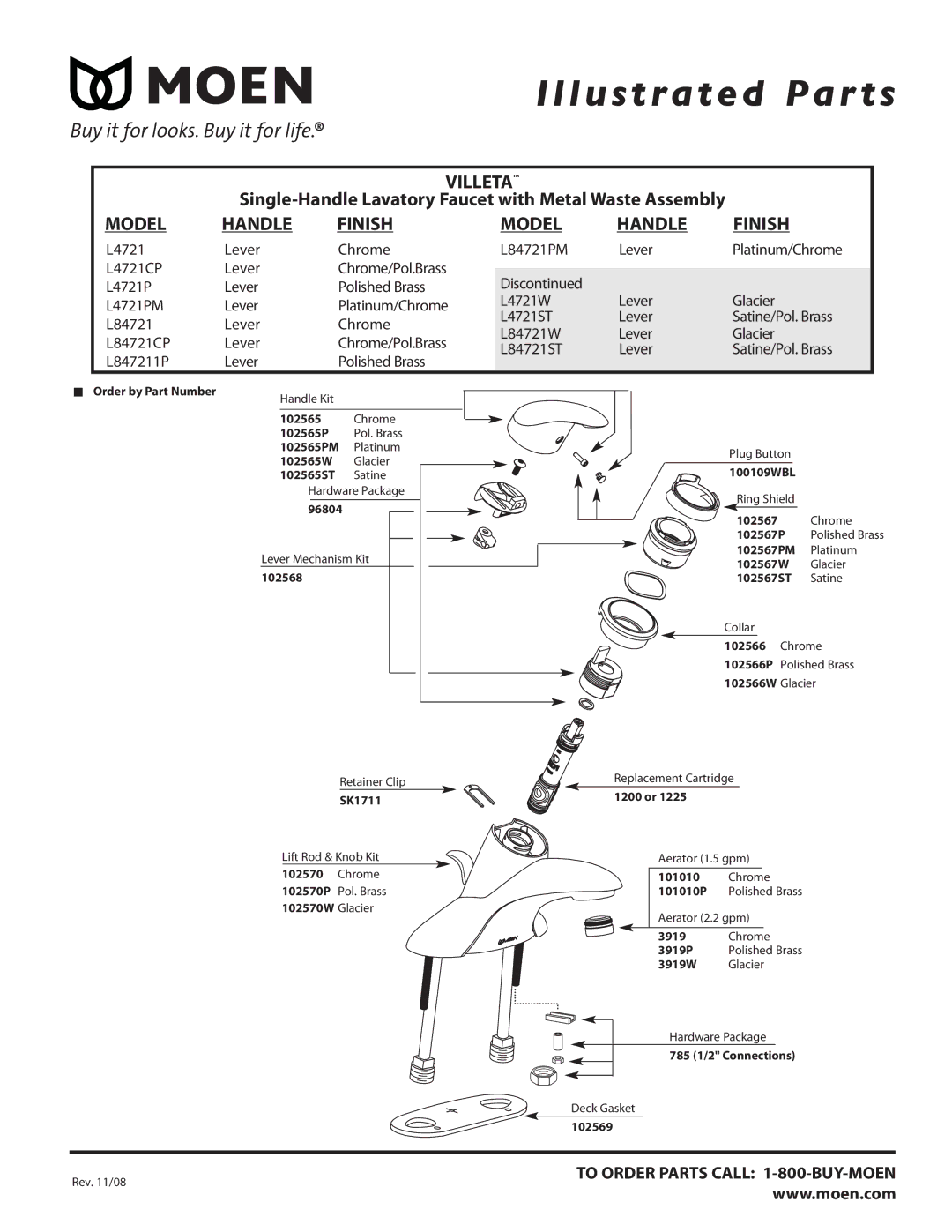 Moen L4721 manual Villeta, Model Handle Finish 