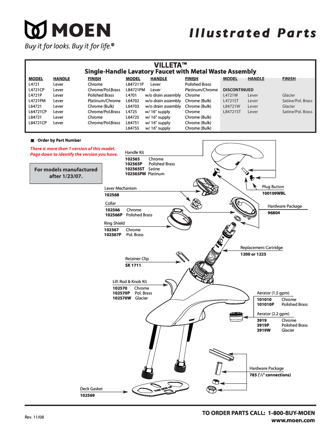 Moen L4721 manual Illustrated Par ts, Single-Handle Lavatory Faucet with Metal Waste Assembly, Villeta, after 1/23/07 