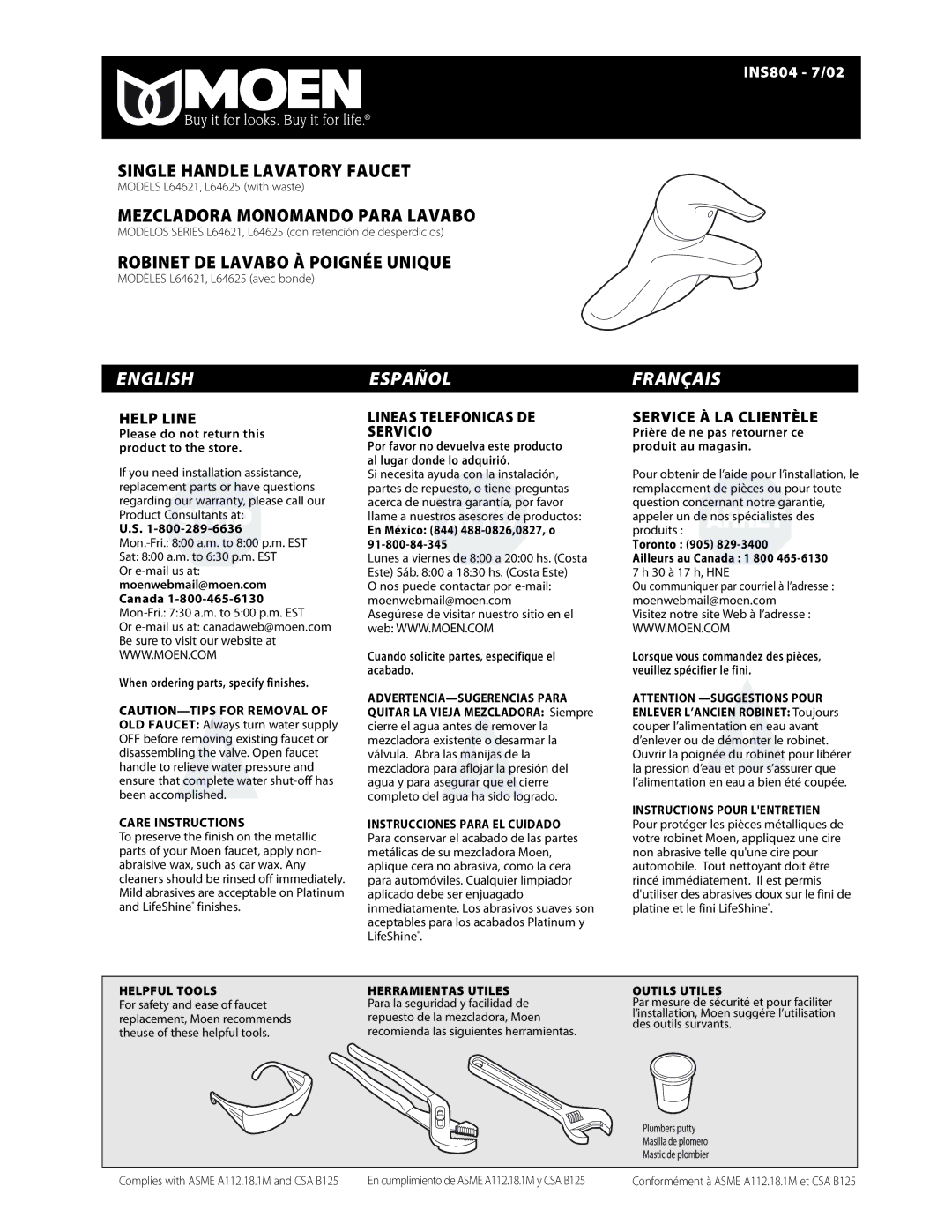 Moen L64621 warranty English 