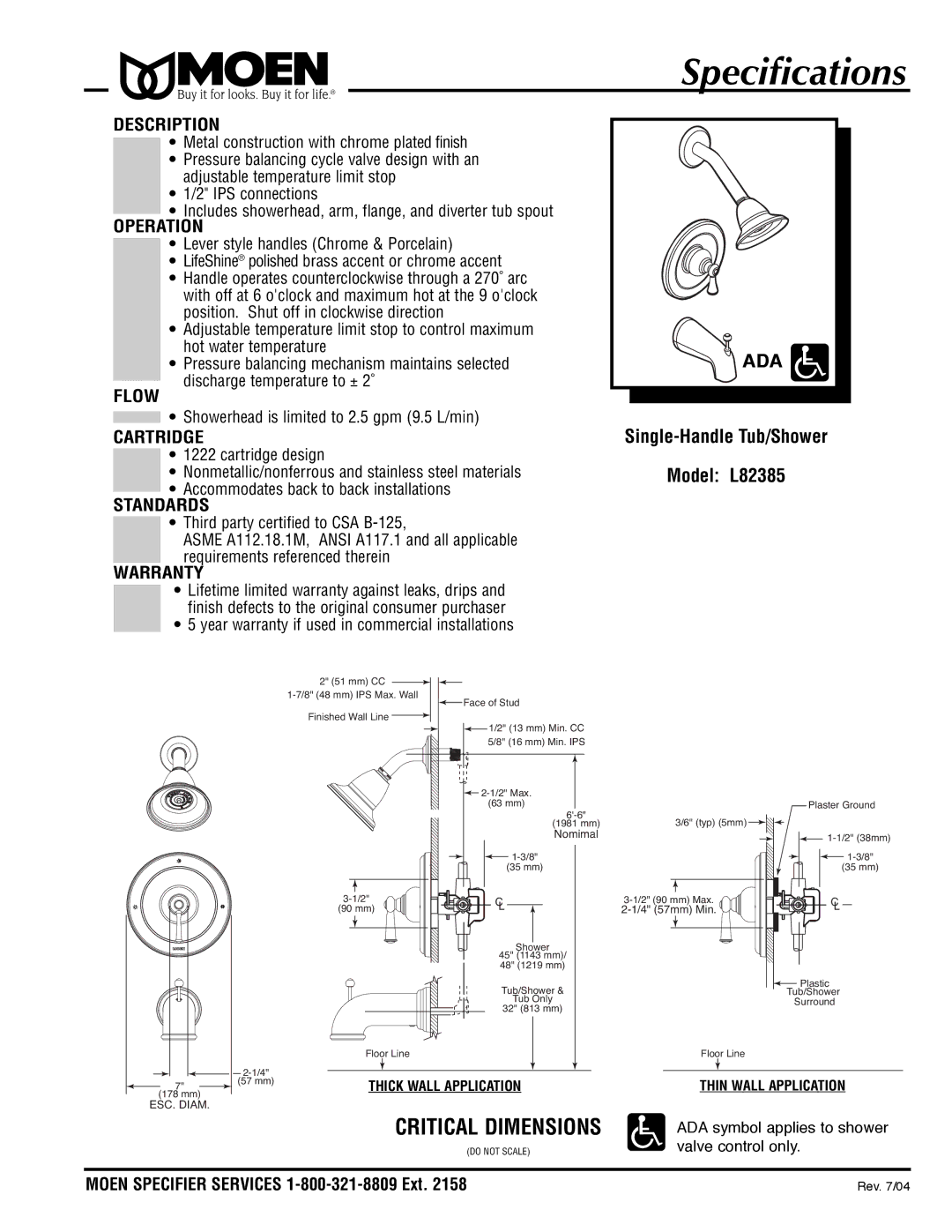 Moen L82385 specifications Description, Operation, Flow, Cartridge, Standards, Warranty 