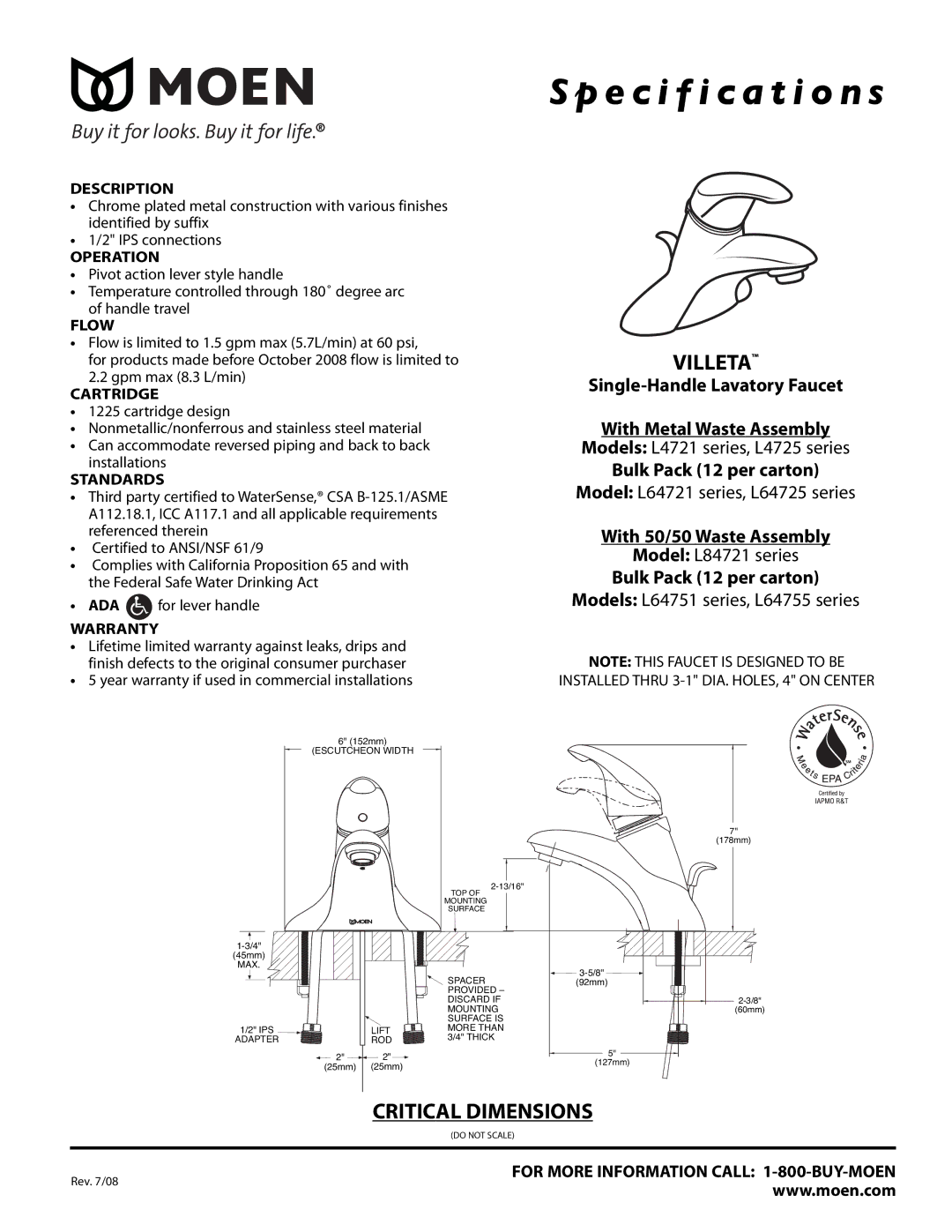 Moen L64755 Series, L84721 Series, L4725 Series specifications Description, Operation, Flow, Cartridge, Standards, Warranty 