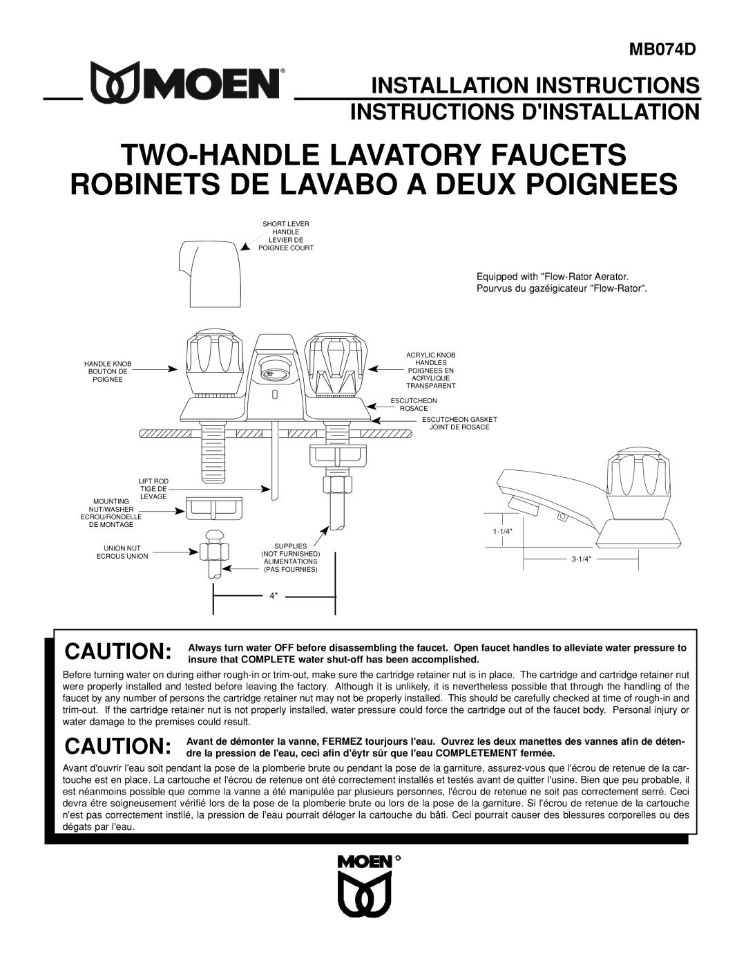 Moen MB074D installation instructions Installation Instructions Instructions Dinstallation 