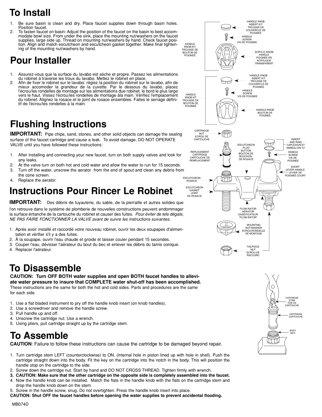 Moen MB074D To Install, Pour Installer, Flushing Instructions, Instructions Pour Rincer Le Robinet Gasket, To Disassemble 