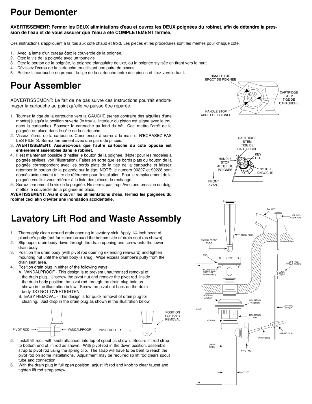 Moen MB074D installation instructions Pour Demonter, Pour Assembler, Lavatory Lift Rod and Waste Assembly 