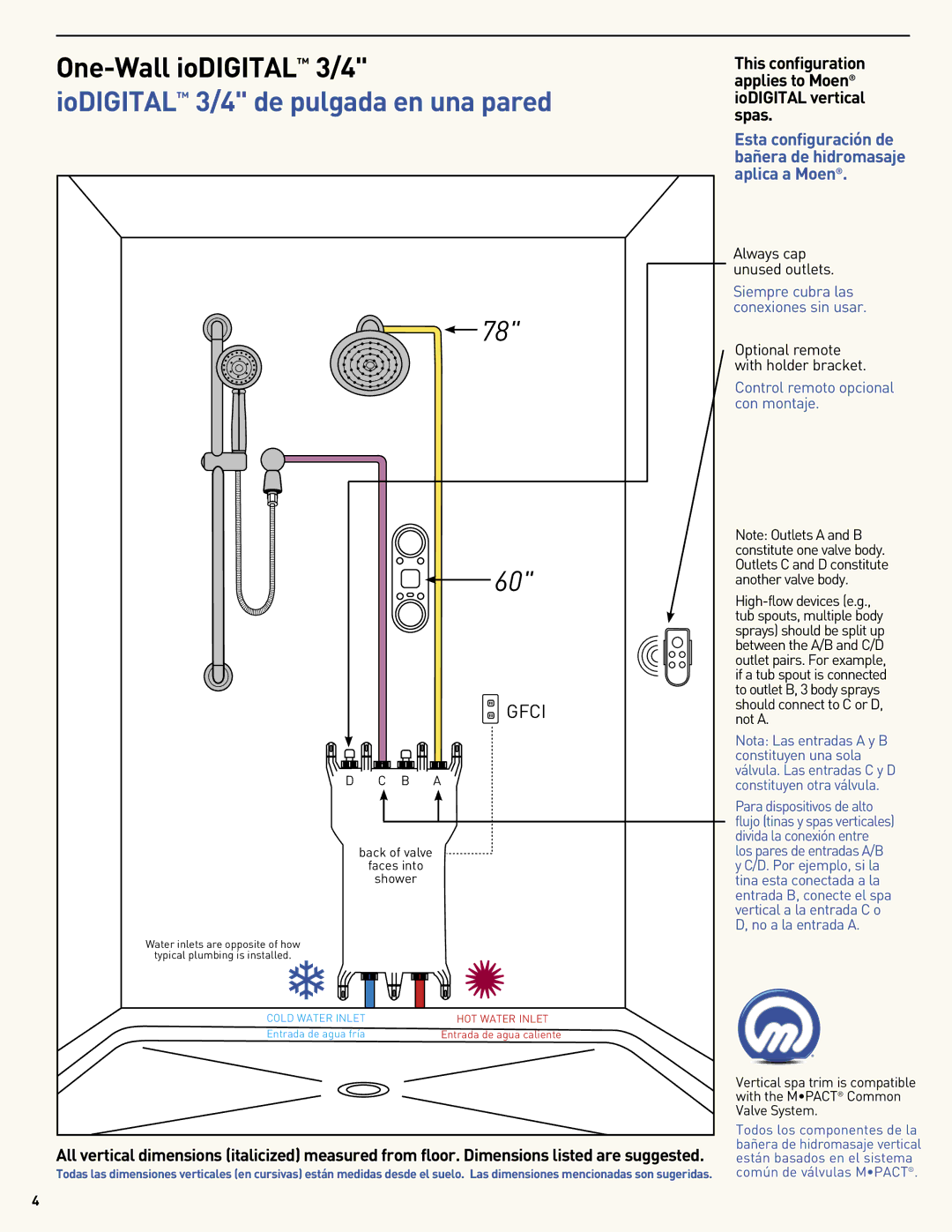 Moen MF2816 manual IoDIGITAL 3/4 de pulgada en una pared, Gfci 