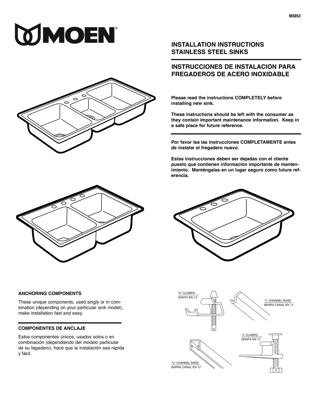 Moen MS053 installation instructions Anchoring Components, Componentes DE Anclaje 