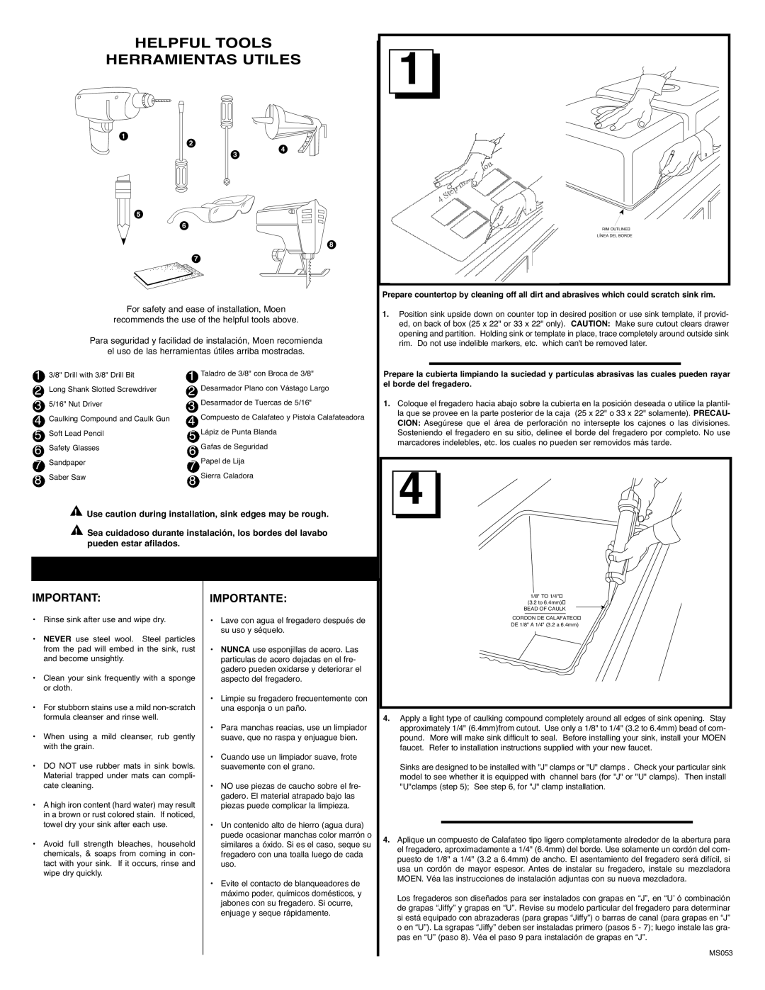 Moen MS053 installation instructions Helpful Tools Herramientas Utiles, Importante 