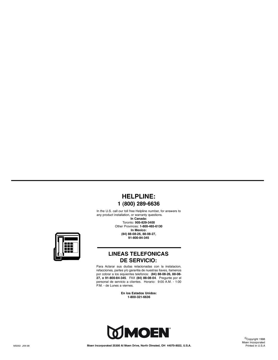 Moen MS053 installation instructions Helpline 