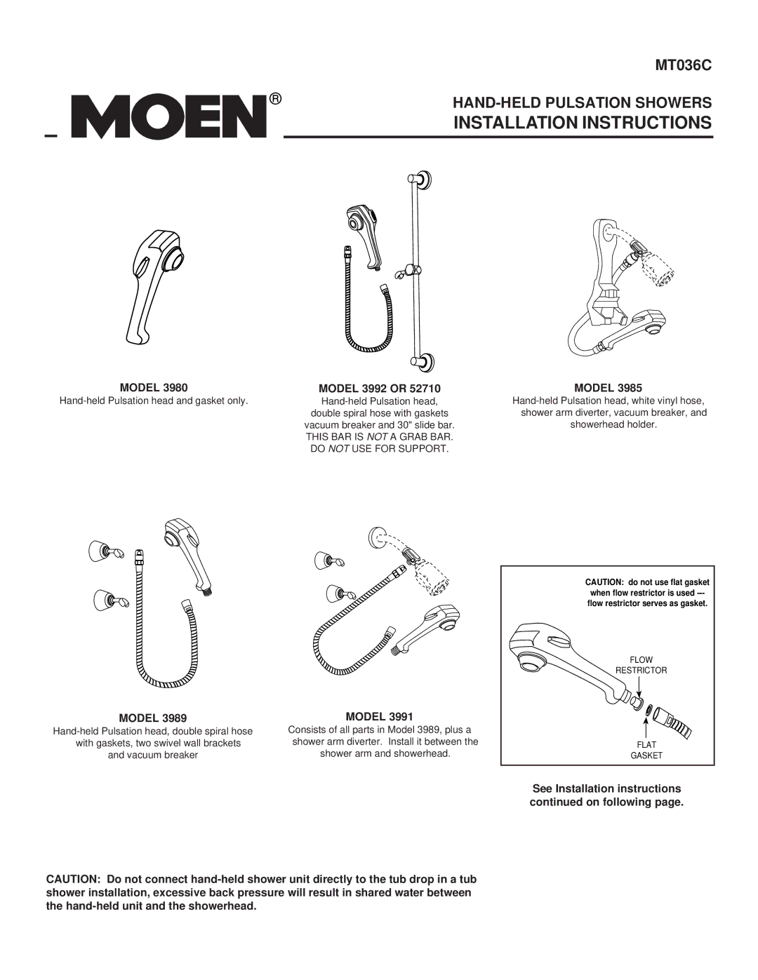 Moen MT036C installation instructions Installation Instructions, Model 3992 or 