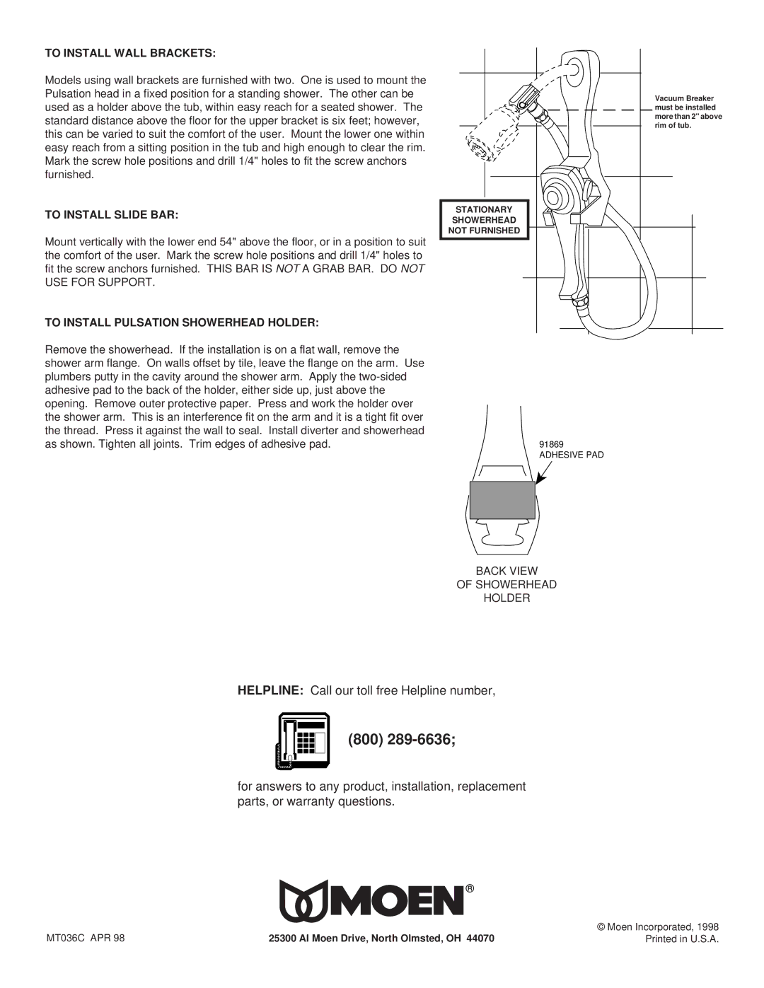 Moen MT036C 800, To Install Wall Brackets, To Install Slide BAR, To Install Pulsation Showerhead Holder 