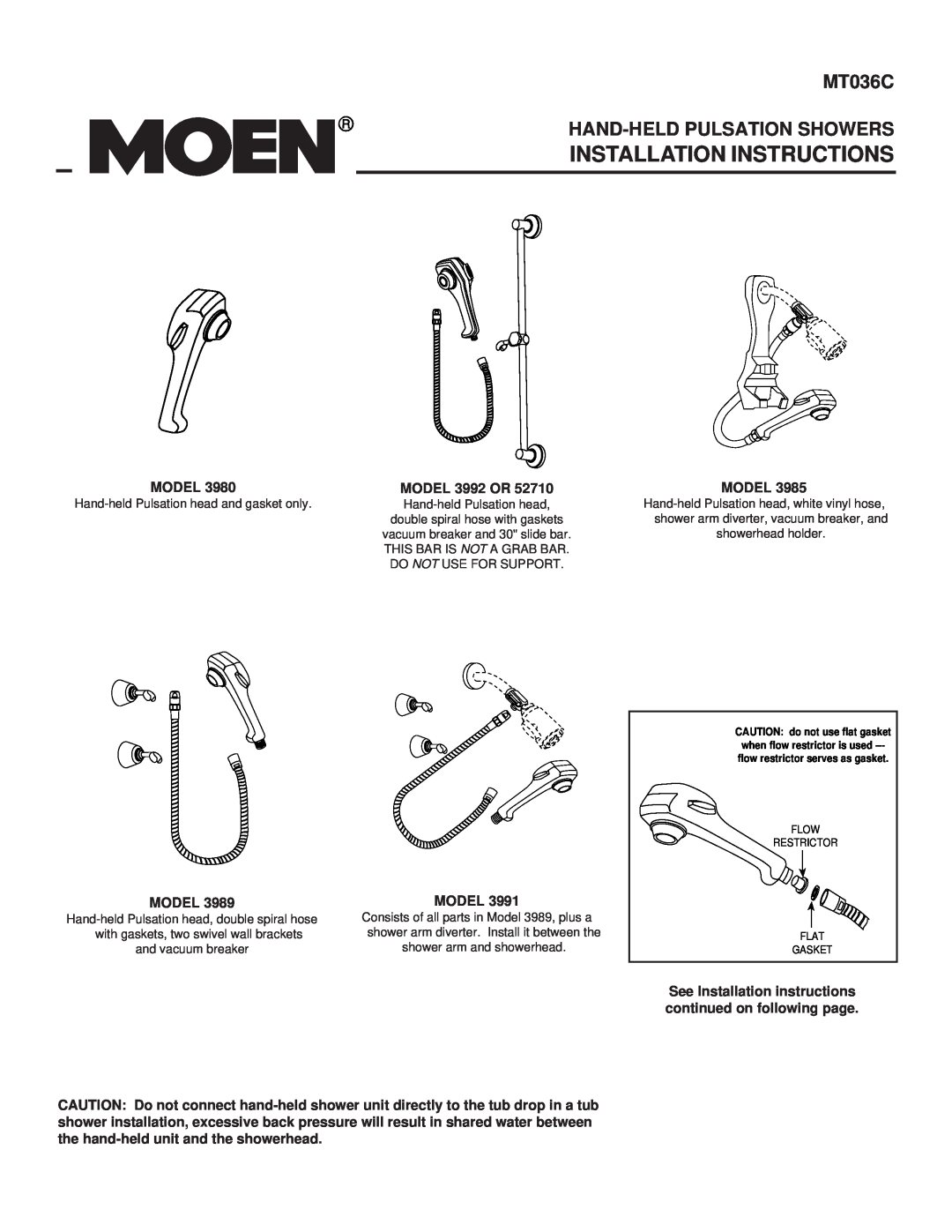 Moen MT036C installation instructions Installation Instructions, Hand-Held Pulsation Showers 