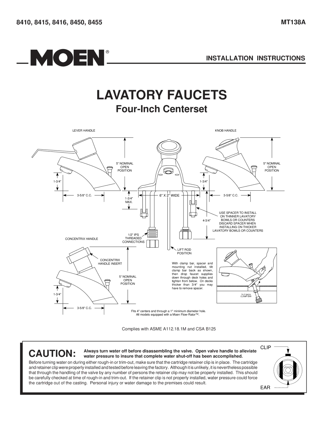 Moen installation instructions Four-Inch Centerset, 8410, 8415, 8416, 8450 MT138A 