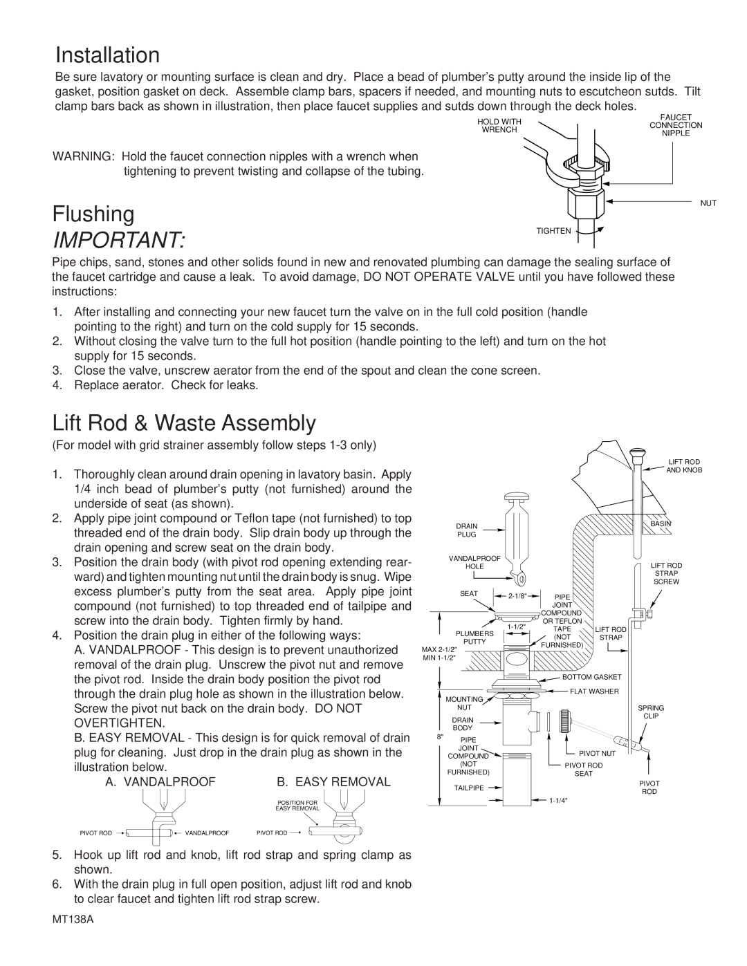 Moen MT138A Installation, Flushing, Lift Rod & Waste Assembly, For model with grid strainer assembly follow steps 1-3 only 