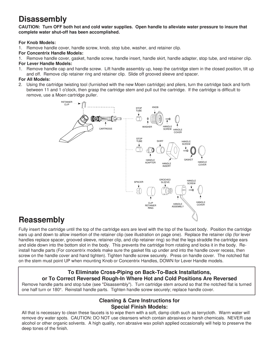 Moen MT138A installation instructions Disassembly, Reassembly, Cleaning & Care Instructions for Special Finish Models 