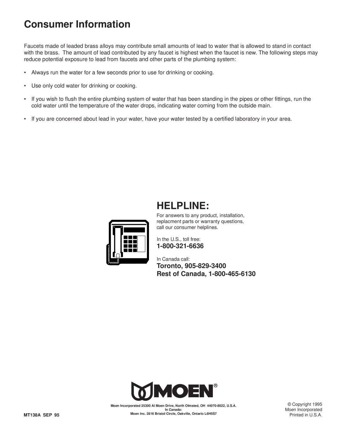 Moen MT138A installation instructions Consumer Information, Toronto Rest of Canada 