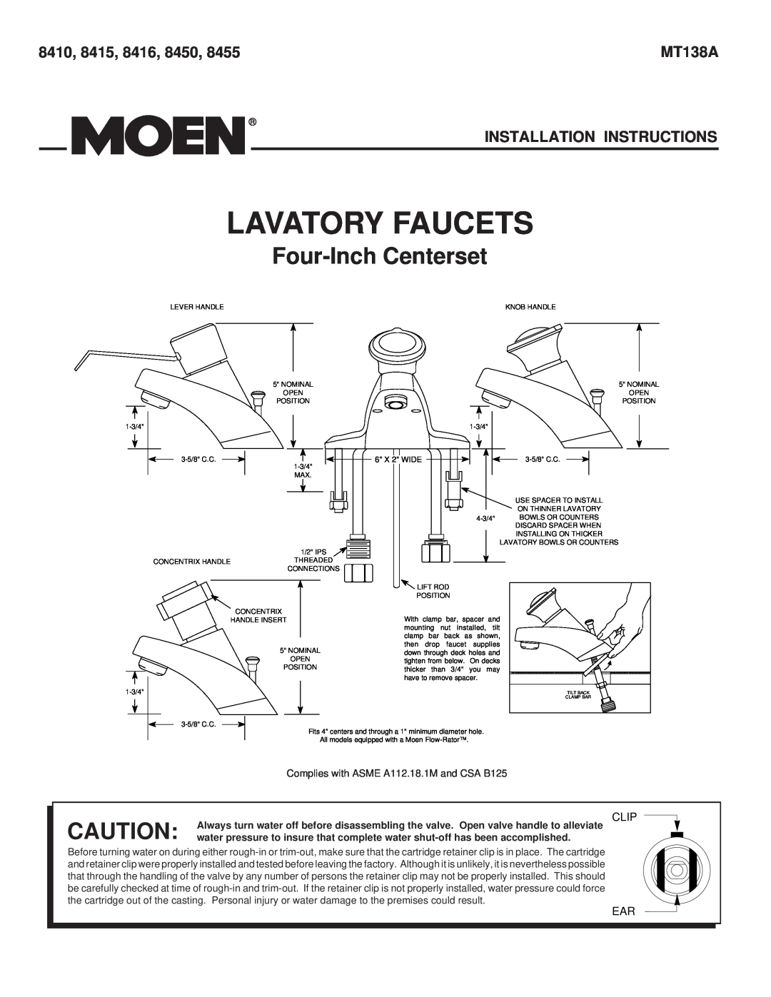 Moen MT138A installation instructions Four-InchCenterset, 8410, Installation Instructions, Lavatory Faucets, Clip 