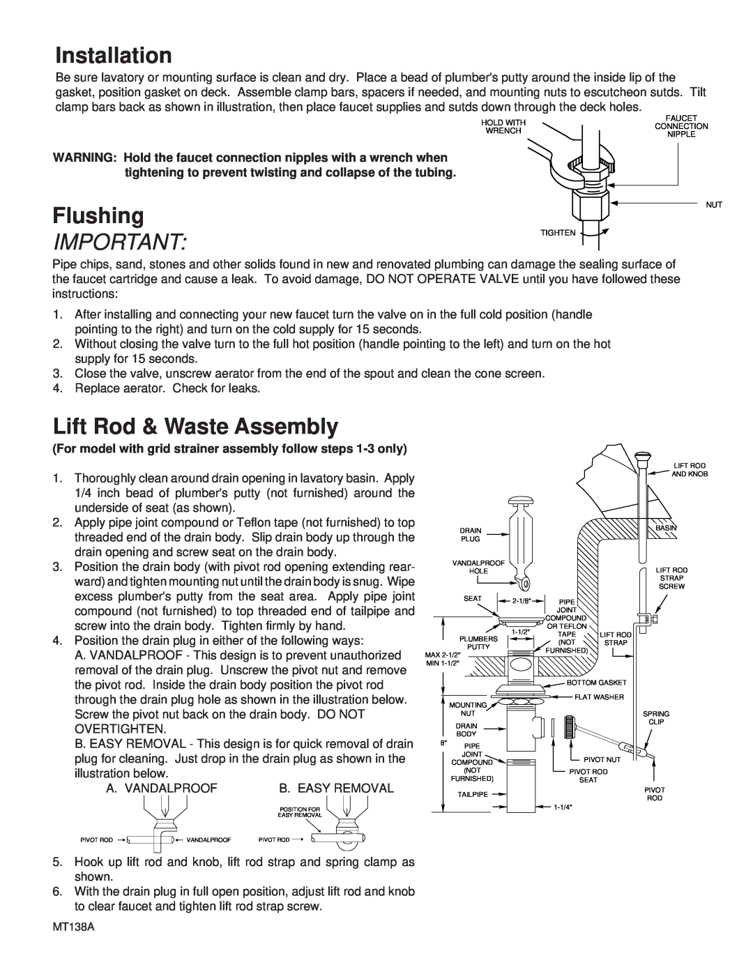 Moen MT138A installation instructions Installation, Flushing, Lift Rod & Waste Assembly 