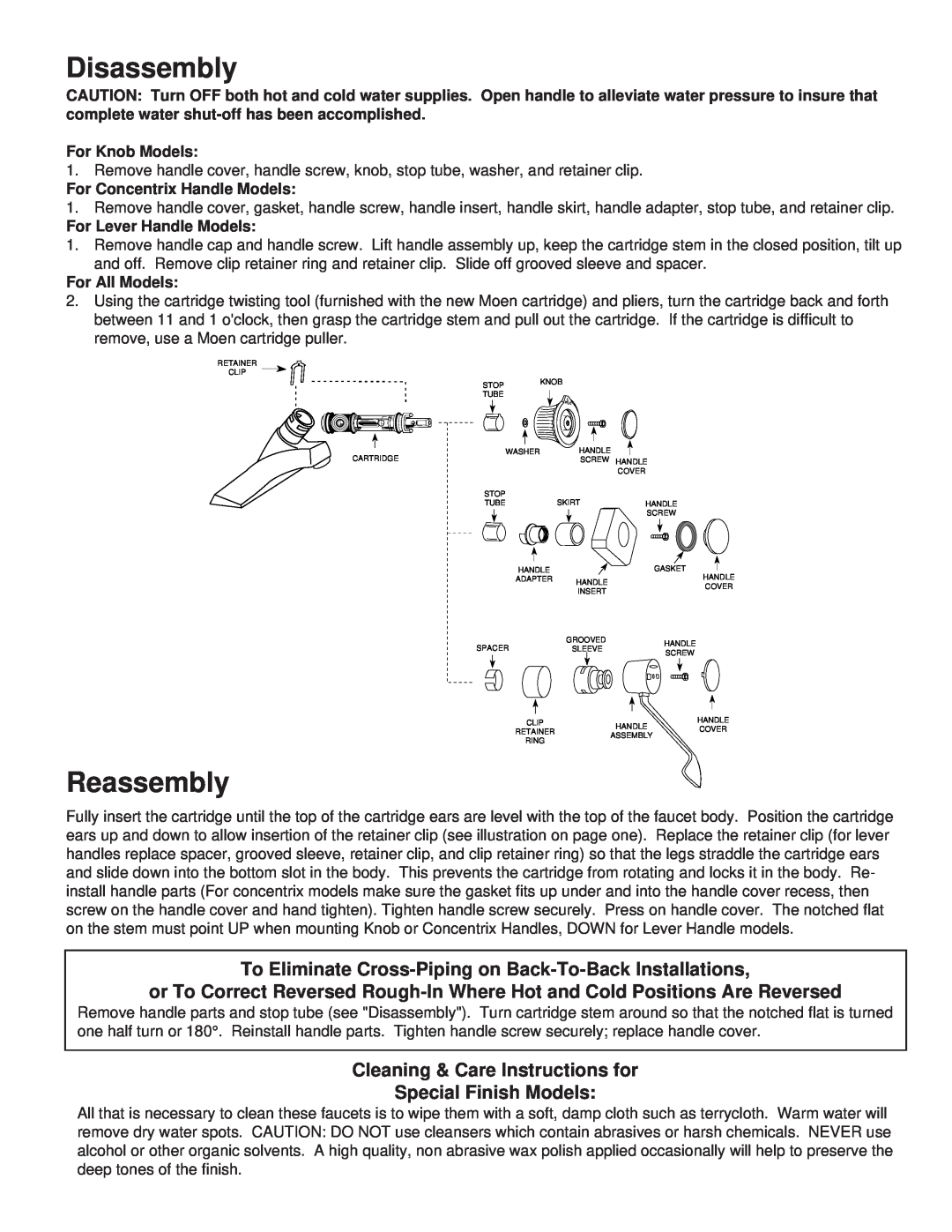 Moen MT138A installation instructions Disassembly, Reassembly, Cleaning & Care Instructions for, Special Finish Models 