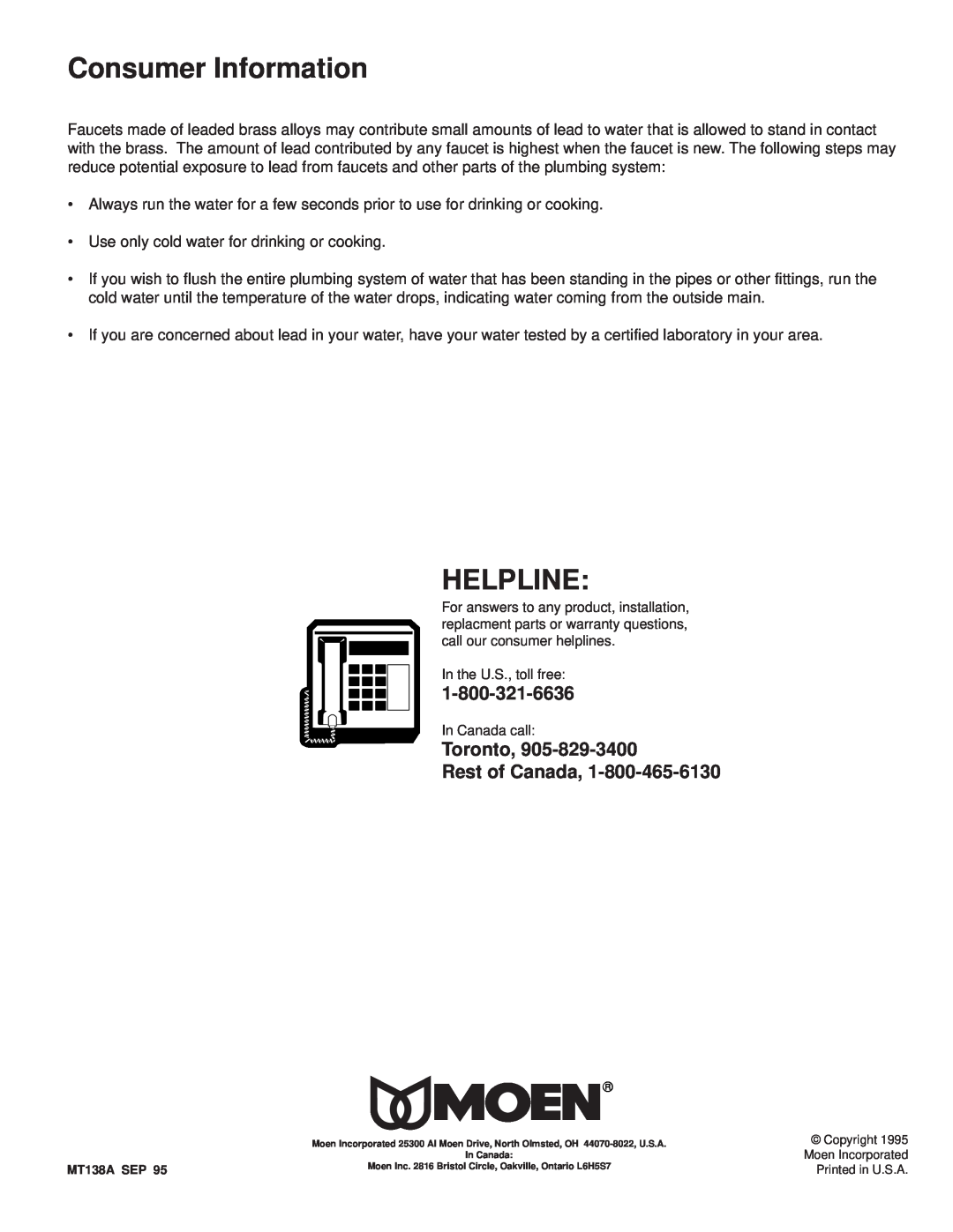 Moen MT138A installation instructions Consumer Information, Helpline, Toronto, Rest of Canada 