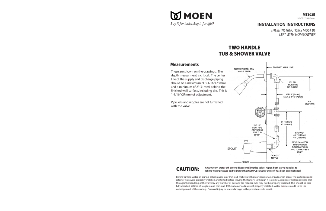 Moen MT302E installation instructions TWO Handle TUB & Shower Valve, Measurements 