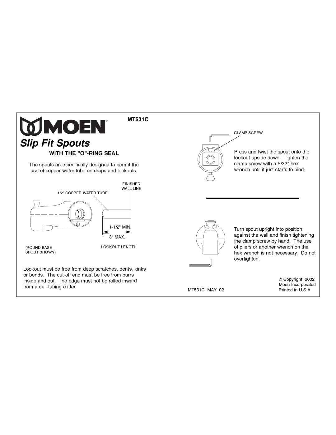 Moen MT531C manual Slip Fit Spouts, With the O-RING Seal 