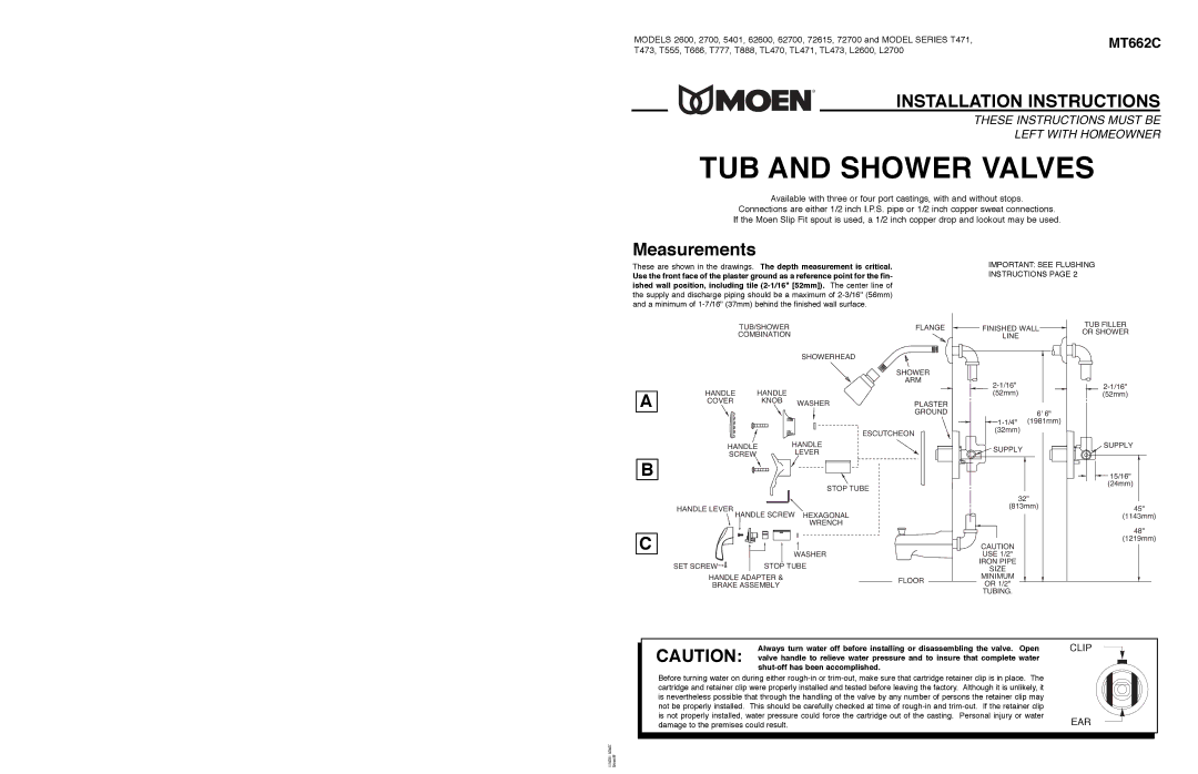 Moen T555, MT662C, T473, T666, T777, T888, 72700 installation instructions Measurements, Important see Flushing Instructions 