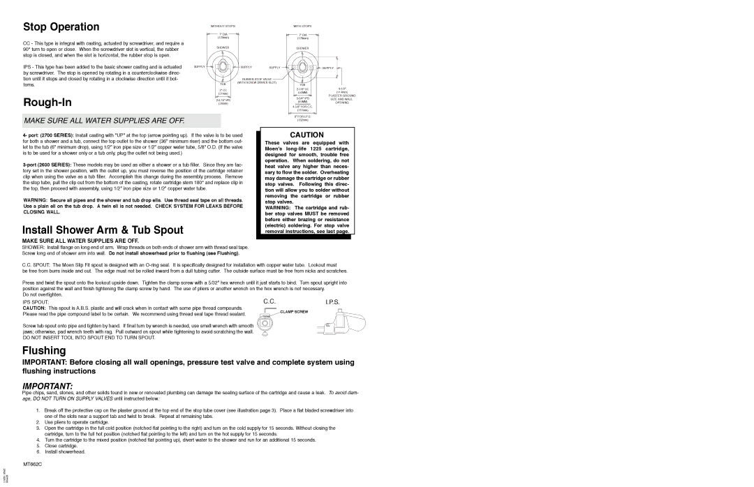 Moen T473, MT662C, T555, T666, T777, T888, 72700, 72615, 62700 Stop Operation, Rough-In, Install Shower Arm & Tub Spout, Flushing 