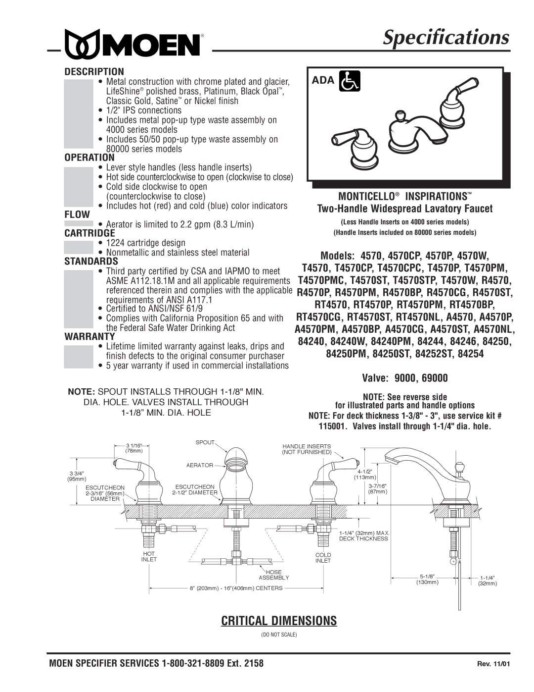 Moen R4570CG, R4570PM, R4570ST, R4570BP, 4570W specifications Description, Operation, Flow, Cartridge, Standards, Warranty 