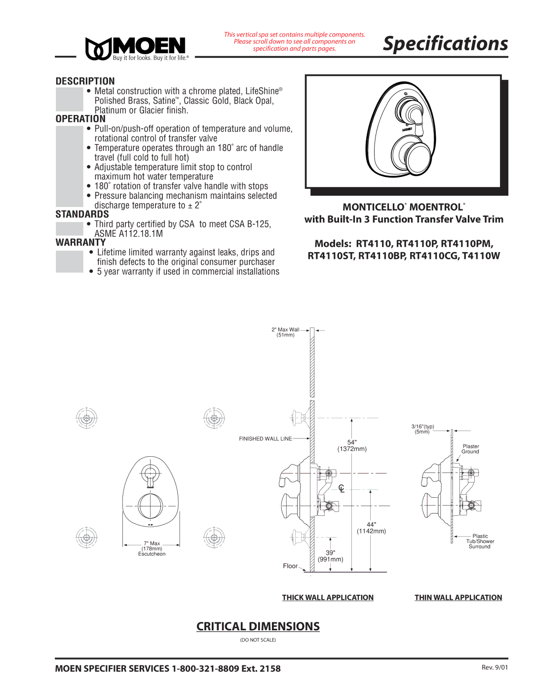 Moen RT4110P, RT4110CG, RT4110BP, RT4110ST, T4110W warranty Monticello Moentrol, With Built-In 3 Function Transfer Valve Trim 