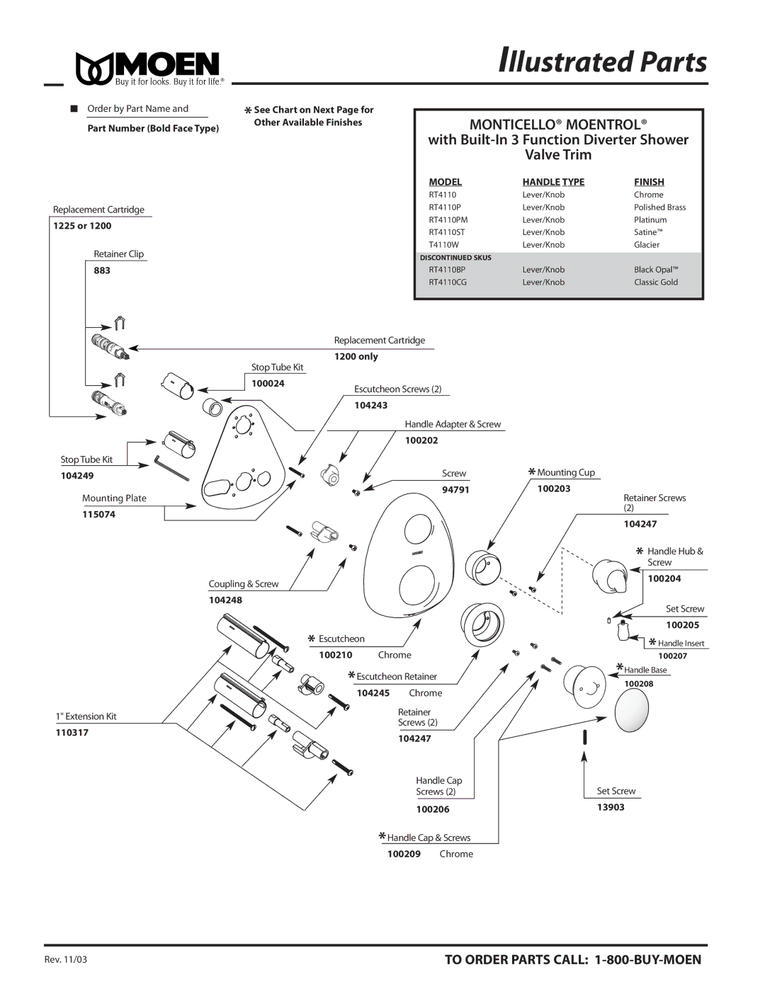 Moen RT4110BP, RT4110CG, RT4110ST, RT4110PM, T4110W warranty With Built-In 3 Function Diverter Shower, Valve Trim 