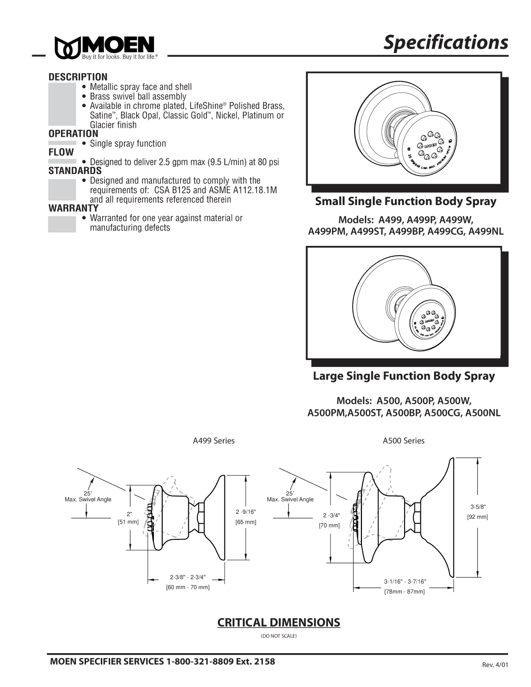 Moen RT4110ST, RT4110CG, RT4110BP, RT4110PM Specifications, Metallic spray face and shell Brass swivel ball assembly 