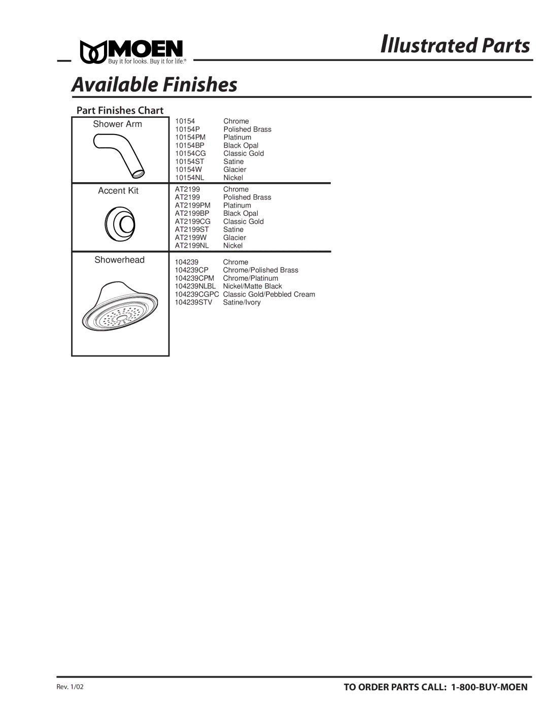 Moen T4110W, RT4110CG, RT4110BP, RT4110ST, RT4110PM warranty Part Finishes Chart Shower Arm, Accent Kit 