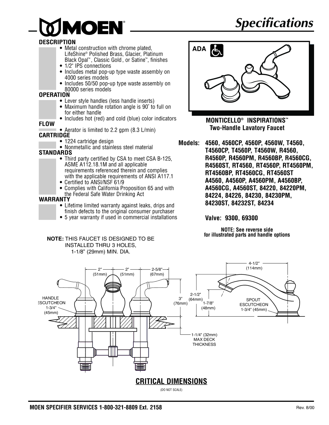 Moen R4560, rt4560 specifications Specifications, ADA Monticello Inspirations, Two-Handle Lavatory Faucet, Valve 9300 