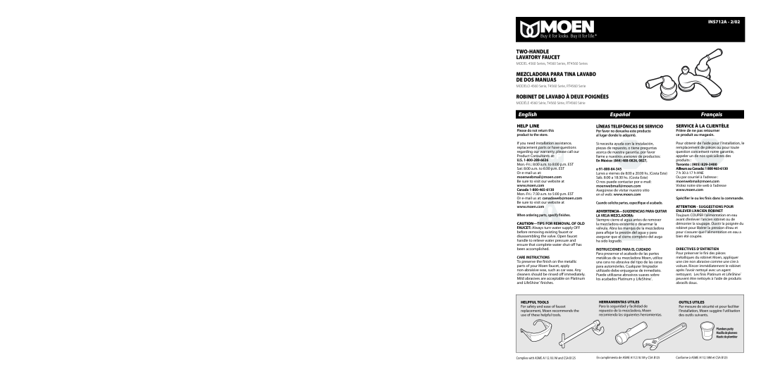 Moen R4560 specifications Specifications, Critical Dimensions, Ada Monticello Inspirations, Two-HandleLavatory Faucet 