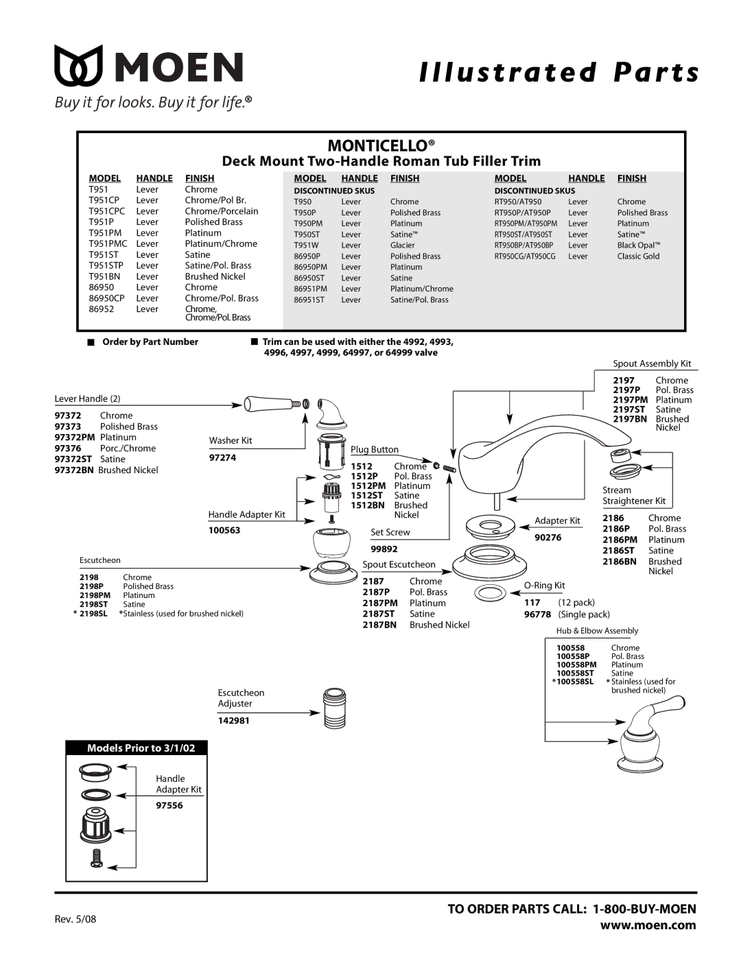 Moen RT950BP/AT950BP manual Order by Part Number, 1512ST Satine 1512BN Brushed, 99892, 2197P, 2197ST, 2197BN, 2186 