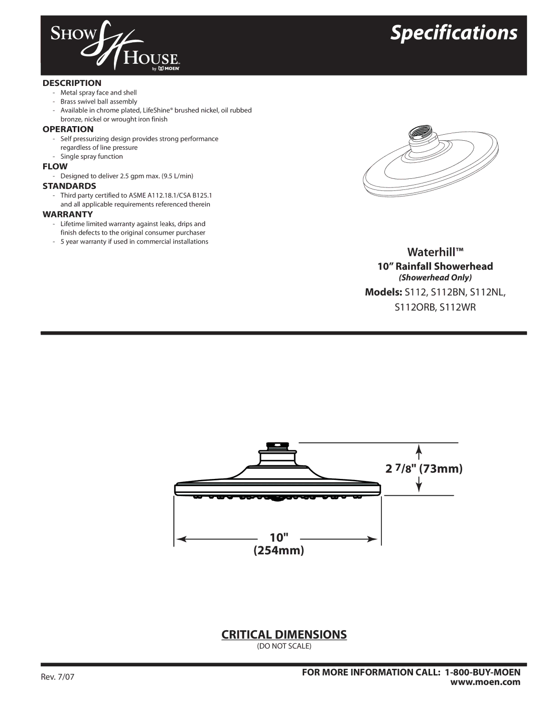 Moen S112BN, S112NL, S112WR specifications Specifications 