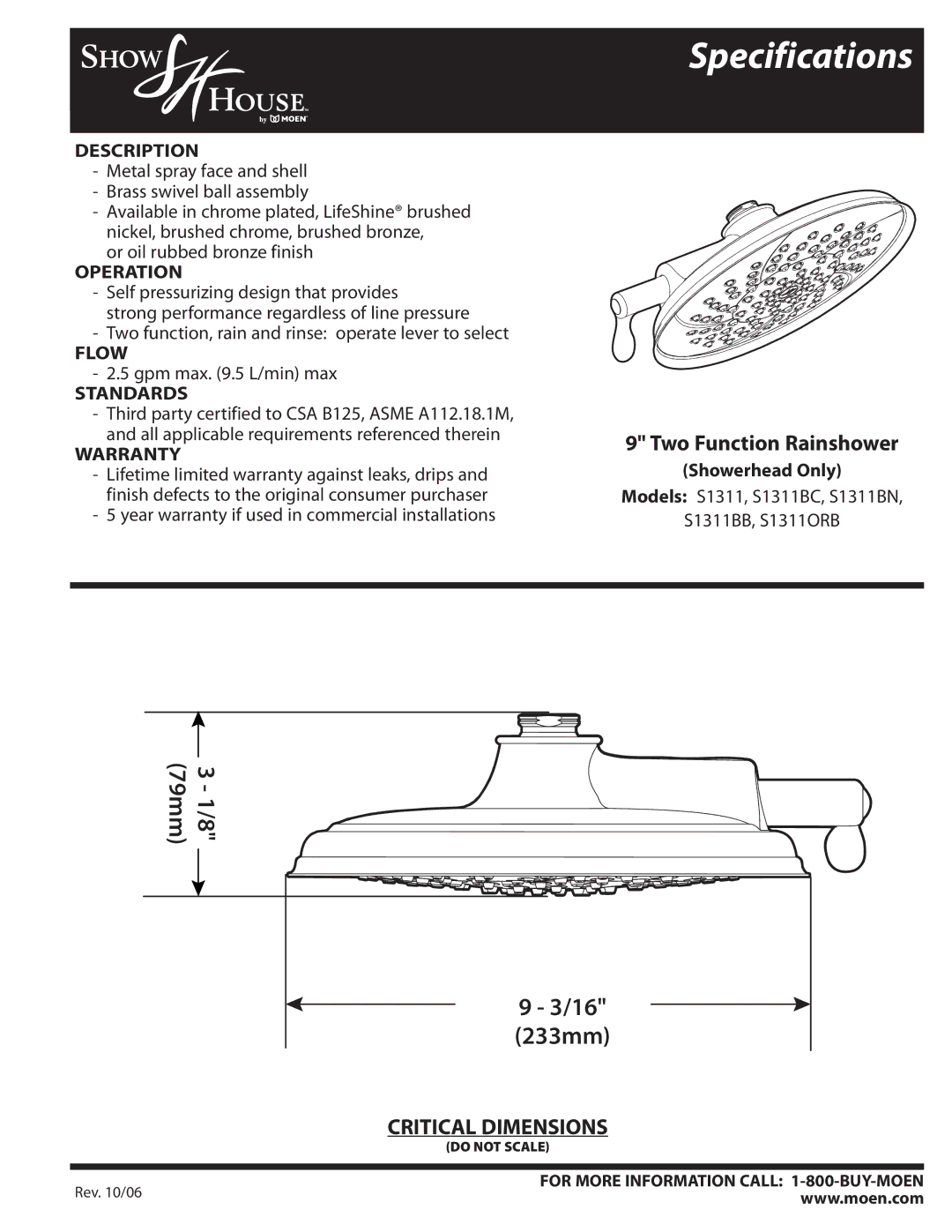 Moen S1311BN, S1311BC, S1311BB, S1311ORB specifications Specifications 