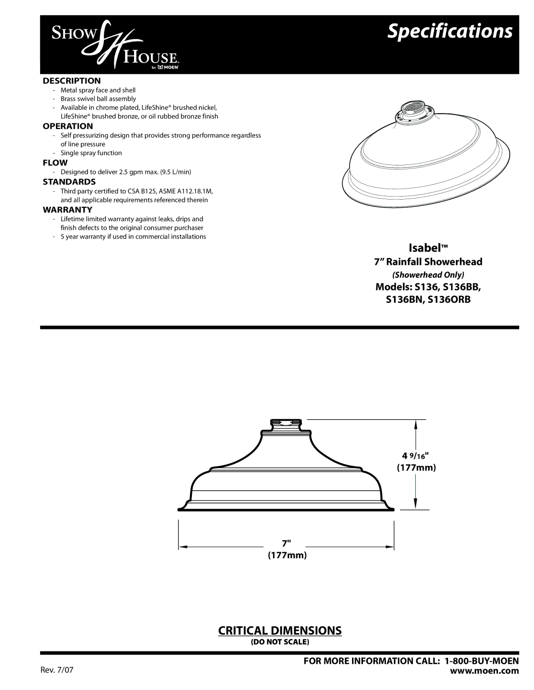 Moen S136BB, S136BN, S136ORB specifications Specifications, Isabel 